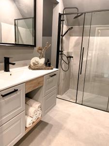 a bathroom with a sink and a shower at Gästewohnung am See in Neuenkirchen