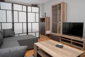 a living room with a couch and a tv at Tommy Apartment in Belgrade