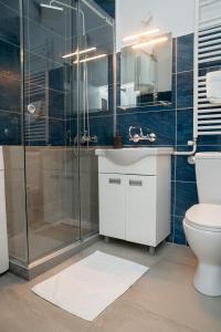a bathroom with a toilet and a glass shower at Tommy Apartment in Belgrade +16 photos