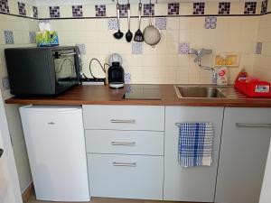 a kitchen with a microwave and a sink at Centre ville d'Amelie les bains in Amélie-les-Bains-Palalda