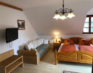 イェナースドルフにあるLandhaus zur Thermeのベッドルーム(ベッド1台、ソファ、テレビ付)