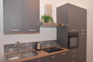 Una cocina con gabinetes grises y un fregadero. en Casa Emma, en Ancona 5 fotos más