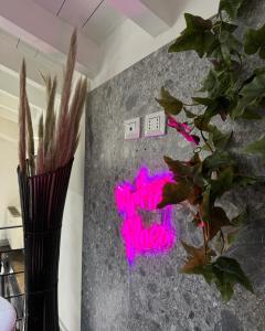 a vase with a plant next to a wall with pink graffiti at [Bridge Apt.] Garage - Netflix - wifi in Brescia