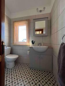 een badkamer met een wastafel, een toilet en een spiegel bij Mountain house with sea view in Ítrabo