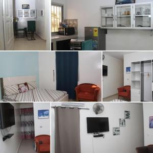 a collage of photos of a room with a bed and a tv at " Le Nid Douillet ", un fabuleux studio, calme, cosy et bien climatisé au centre de saly in Saly Portudal