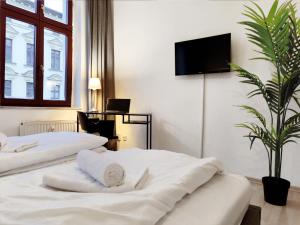 duas camas num quarto de hotel com uma televisão na parede em Ruhe und Komfort in Magdeburg em Magdeburg