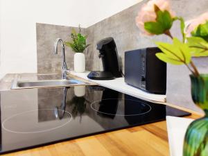 a kitchen with a sink and a coffee maker on a counter at Ruhe und Komfort in Magdeburg in Magdeburg