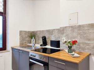 a kitchen with a sink and a counter with flowers at Ruhe und Komfort in Magdeburg in Magdeburg