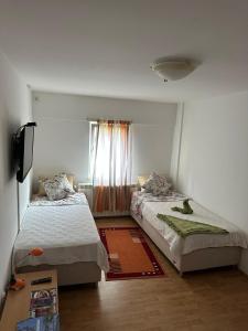um quarto com 2 camas e uma janela em Apartmani Ušće em Trstenik