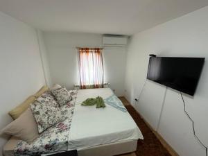 um pequeno quarto com uma cama e uma televisão de ecrã plano em Apartmani Ušće em Trstenik