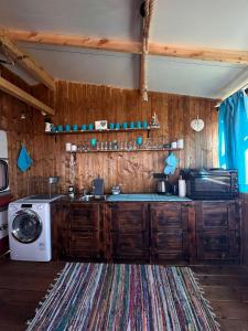 a kitchen with a washer and a washing machine at Blue Oasis Lozenets in Kiten