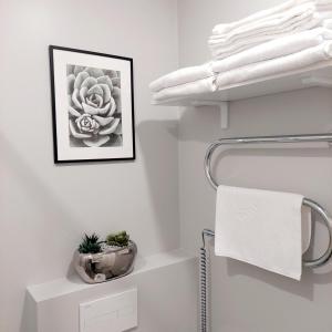 a bathroom with a towel rack and a picture on the wall at Gold holiday Apartments - "Fairy Tale Forest" Mano jūra 2 in Palanga