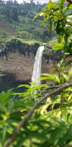 a waterfall in the middle of a field with trees at Sipi Falls Lodge in Sipi
