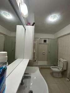uma casa de banho com um lavatório branco e um WC. em A private room in the heart of Istanbul Sisli em Istambul