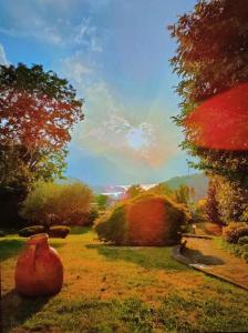 een schilderij van een tuin met een vaas in het gras bij Suite with Lake Como view in Colico
