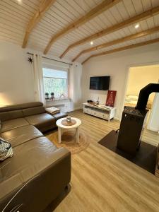 a living room with a couch and a fireplace at Ferienhaus Lillehus in Fehmarn