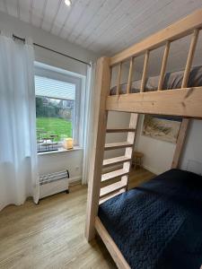 a bedroom with a bunk bed and a window at Ferienhaus Lillehus in Fehmarn