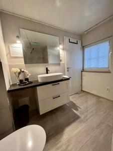 a bathroom with a sink and a mirror at Cottage & Garden & Sauna am See in Wettringen