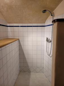 a shower in a bathroom with white tiles at Maison In Vino in Nyons