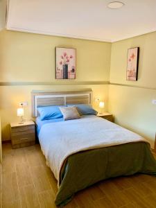 a bedroom with a large bed with blue pillows at Villa a pie de playa in Moaña