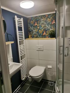 małą łazienkę z toaletą i umywalką w obiekcie Günstige, moderne Zimmer im Wanderparadies w mieście Wernigerode