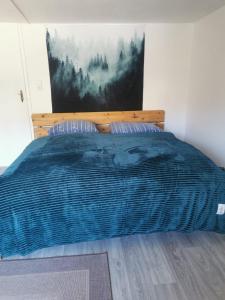 a bed with a blue comforter in a bedroom at Günstige, moderne Zimmer im Wanderparadies in Wernigerode