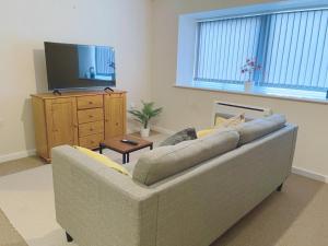 a living room with a couch and a tv at GALAXY APARTMENT in Stockport