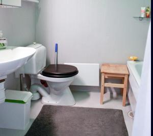 a bathroom with a toilet and a sink and a tub at The Cozy Little House in Motala