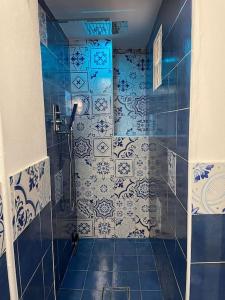 ein Bad mit einer Dusche mit blauen und weißen Fliesen in der Unterkunft Casa storica nel cuore di Pisa - Lungarno in Pisa