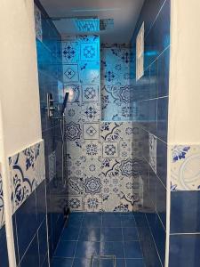 a bathroom with a shower with blue and white tiles at Casa storica nel cuore di Pisa - Lungarno in Pisa