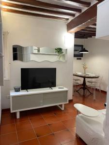 ein Wohnzimmer mit einem Flachbild-TV an der Wand in der Unterkunft Casa storica nel cuore di Pisa - Lungarno in Pisa