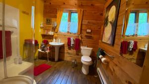 a wooden bathroom with a toilet and a sink at Rumi Guest House on the Cabot Trail in Indian Brook