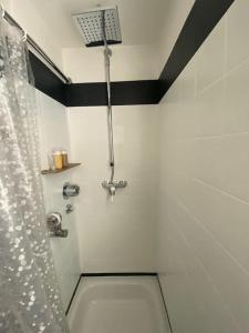 a bathroom with a shower with a shower curtain at Wohnung Saarbrücken, City und Uni Nähe mit Parkplatz in Saarbrücken