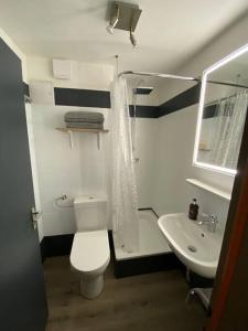 a small bathroom with a toilet and a sink at Wohnung Saarbrücken, City und Uni Nähe mit Parkplatz in Saarbrücken