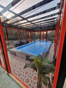 a swimming pool in a house with a glass wall at A Pontiga I Casa Rural in Mezonzo