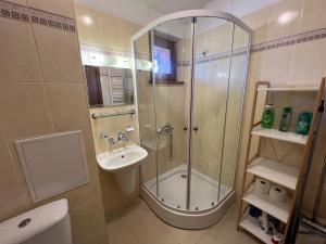 a bathroom with a shower and a sink at VV Apartment Bansko in Bansko