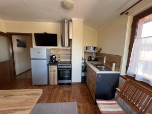 a small kitchen with a refrigerator and a sink at VV Apartment Bansko in Bansko