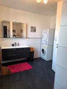 ein Badezimmer mit einem Waschbecken und einer Waschmaschine in der Unterkunft Moderne, Ferienwohnung mit Seeblick, near Hallstatt in Bad Goisern