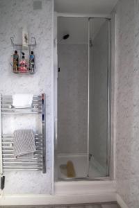y baño con ducha y puerta de cristal. en 4 Wheelhouse Apartment en Lochinver