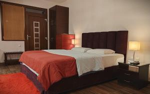 島兒瑪的住宿－House Venetia，一间卧室配有一张带红色毯子的大床