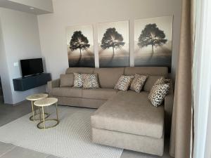 a living room with a couch and a tv at Polinesia 6 in Lido delle Nazioni