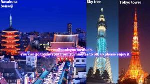 un collage de fotos de una ciudad por la noche en Five room 120 #SKY TREE #SENSOJI #FreeParking 1292sqft, en Tokio