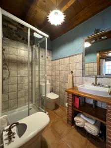 a bathroom with a sink and a shower and a toilet at Casa Rural La Socarrena in Luzmela