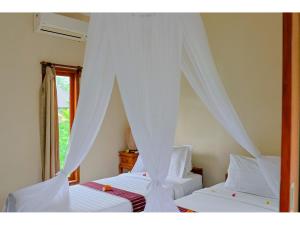 two beds with white curtains in a bedroom at Gongwi Cottages Sidemen in Sidemen