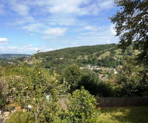 uma vista para uma cidade a partir de uma macieira em Cotswolds cottage near Stroud, with amazing views. em Brimscombe