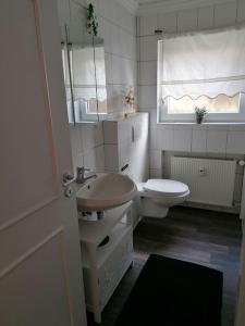uma casa de banho com um lavatório, um WC e uma janela. em Ferienwohnung Bergblick em Winterberg