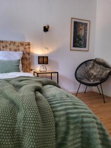 um quarto com uma cama verde e uma cadeira em Ferienwohnung Haerz, Berglodge 08, NEU em Goslar