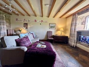 een woonkamer met een bank en een tv bij Derbyshire Cottage for 4, 1 hour per day private pool use in Stanton in Peak