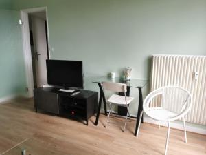 een woonkamer met een tafel, een televisie en stoelen bij Appartement, charmant type F1 37m2 vue dégagée, in Commentry