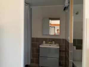 a bathroom with a sink and a toilet and a mirror at T2 au calme montagne et lac in La Bâtie-Vieille